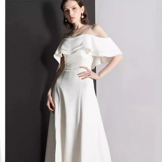 2025 White suspender evening dress  new classical youth dress party party annual meeting temperament small dress spring