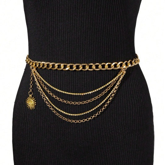 4565 Cross-border hot-selling new multi-layer wave fringed sun pendant chain waist chain exquisite metal chain waist chain belt