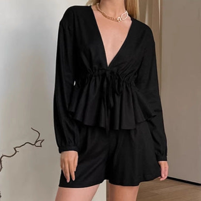 XAKXX Black V-neck cotton and linen long-sleeved hot pants set New 2025 autumn and winter fashion new  wholesale two-piece set for women