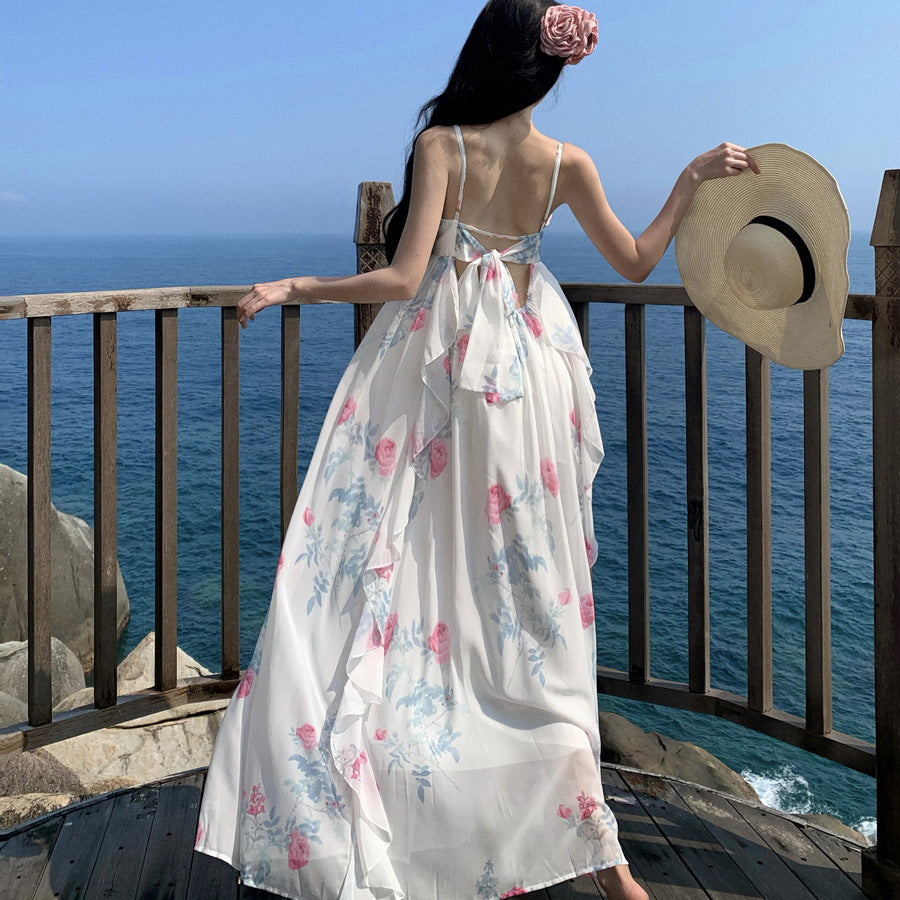 2025 Coffee break  gentle wind floral suspender dress seaside vacation chic unique super good-looking white fairy dress