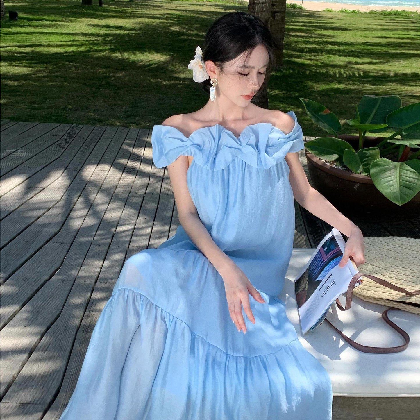 2025 Gentle wind sky blue off-the-shoulder dress women's summer  loose temperament long dress vacation travel wind beach dress