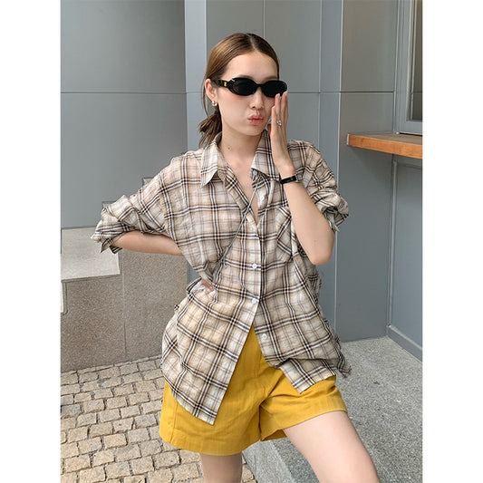 2025  plaid long-sleeved light and thin shirt 2025 thirteen lines summer new loose and versatile shirt T5023X