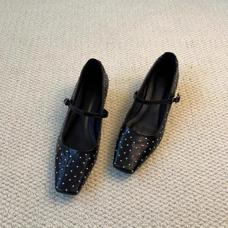 2025 Sheepskin version~ New rivet square head personalized small leather shoes women's one-word buckle low-heeled leather shallow mouth Mary Jane single shoes