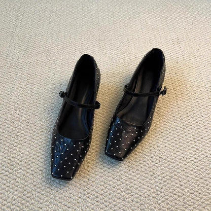 2025 Sheepskin version~ New rivet square head personalized small leather shoes women's one-word buckle low-heeled leather shallow mouth Mary Jane single shoes