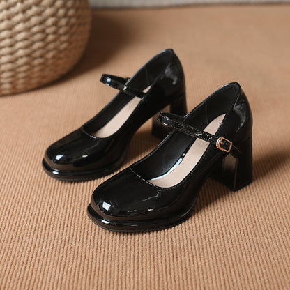 2025 Cowhide version~ New Mary Jane small leather shoes waterproof table one-word buckle retro high heels women's thick heel women's single shoes