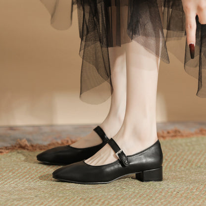 2025 Cowhide version~ Grape mother same soft-soled Mary Jane single shoes women's shoes one-word buckle belt shallow mouth flat shoes small leather shoes