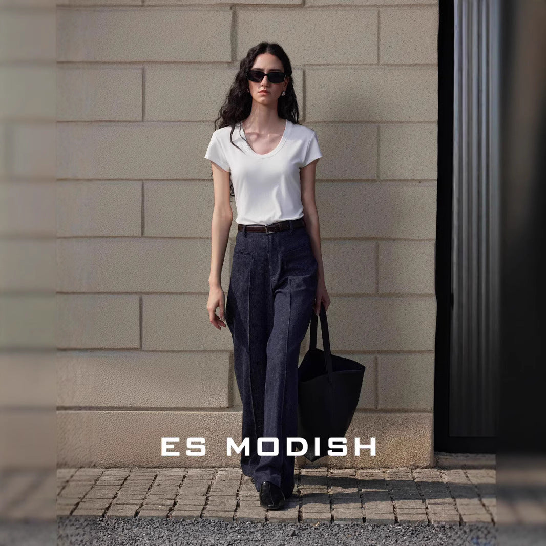 2025 ES MODISH Spring New Product Waist Skinny Shoulder U-Neck Short Sleeve T-Shirt Women's Design Versatile Tencel Top