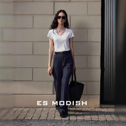2025 ES MODISH Spring New Product Waist Skinny Shoulder U-Neck Short Sleeve T-Shirt Women's Design Versatile Tencel Top