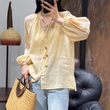 2025 High-end  early spring new 100 ramie sequined embroidery decoration fashionable loose and thin Popular shirt