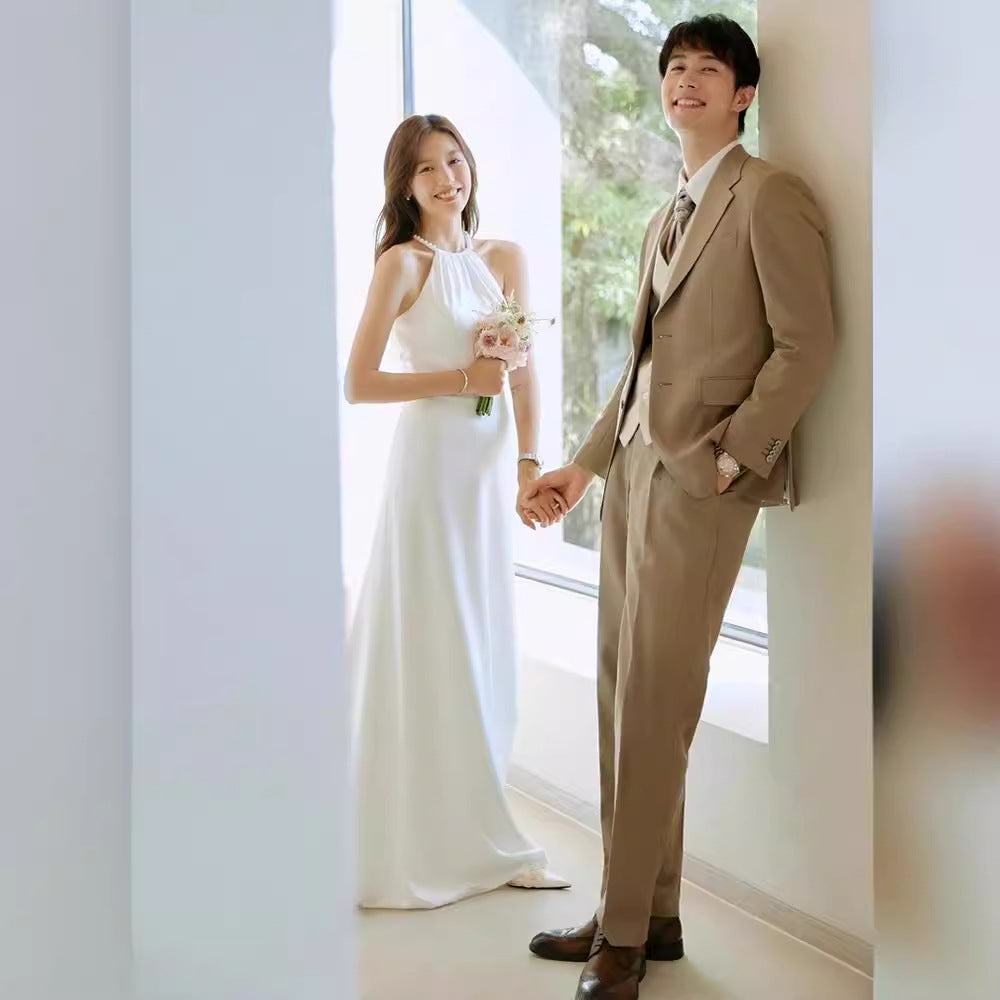 2025 light wedding dress bridal simple temperament white satin pearl neck dress exterior fishtail dress going out yarn