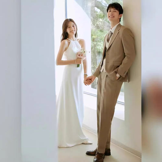 2025 light wedding dress bridal simple temperament white satin pearl neck dress exterior fishtail dress going out yarn