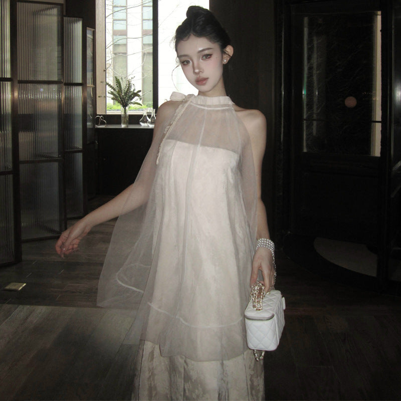 2025 Bohemian vacation wind lace-up bud long dress jacquard fake two pieces loose neck print dress women's summer