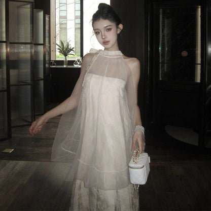 2025 Bohemian vacation wind lace-up bud long dress jacquard fake two pieces loose neck print dress women's summer