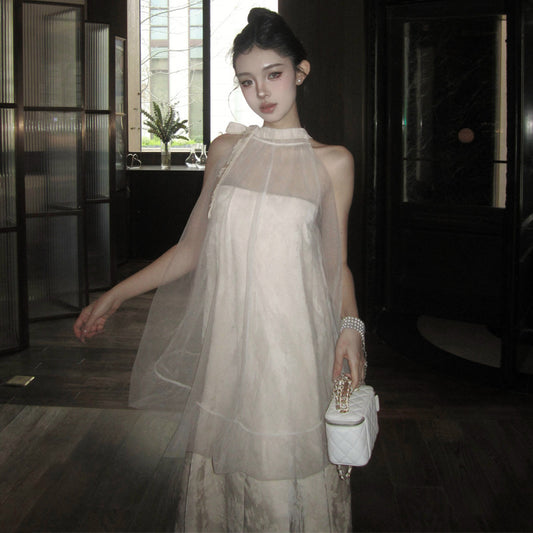 2025 Bohemian vacation wind lace-up bud long dress jacquard fake two pieces loose neck print dress women's summer