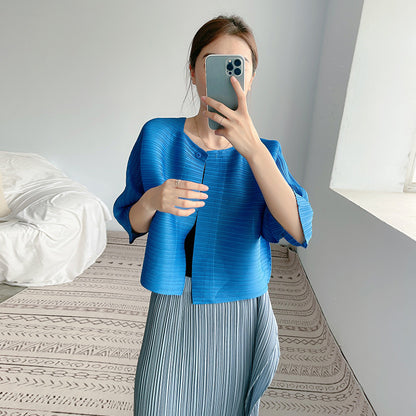 2025 women's pleated top temperament one button spring and summer new outer small cardigan five-quarter sleeve thin short coat