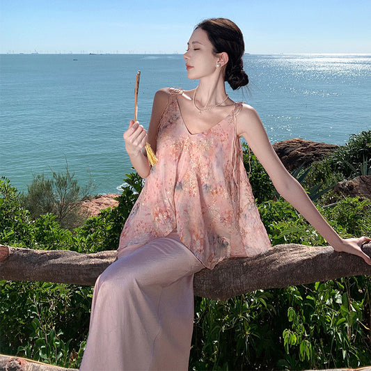 2025 New Chinese style suit, gentle temperament chiffon printed suspender top, satin hip skirt two-piece set