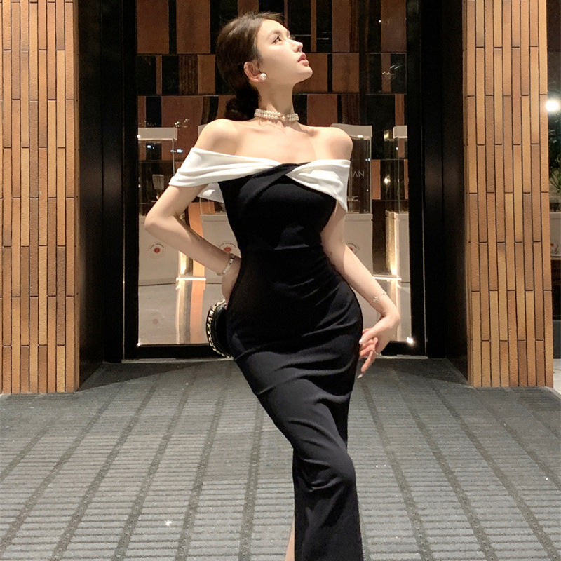 2025 one-word shoulder dress women's summer black and white splicing waist slim temperament annual meeting evening dress hip-wrapped dress