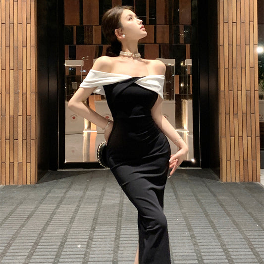 2025 one-word shoulder dress women's summer black and white splicing waist slim temperament annual meeting evening dress hip-wrapped dress
