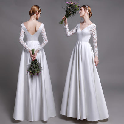 2025 Spring long-sleeved wedding dress light luxury new simple lace flush satin wedding dress white out light yarn welcome dress women