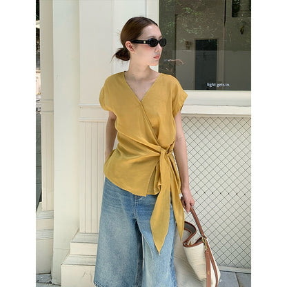 2025  Ramie Tencel Cross Design Sense Shirt 2025 Thirteen Lines Summer New Shirt Women's T5059X