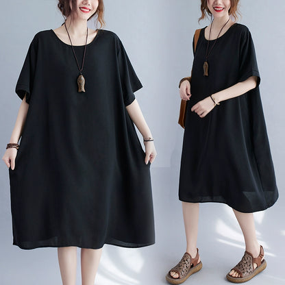 large-size dresses are fat mm and thin, summer short-sleeved loose cotton and linen belly-covering skirts, medium and long Popular-style high-end.