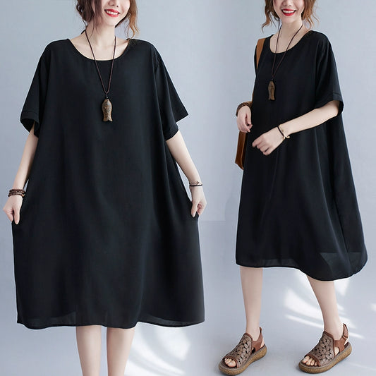 large-size dresses are fat mm and thin, summer short-sleeved loose cotton and linen belly-covering skirts, medium and long Popular-style high-end.