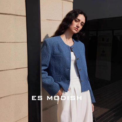 2025 ES MODISH spring new  blue small fragrant coat small people can wear celebrity temperament short coat