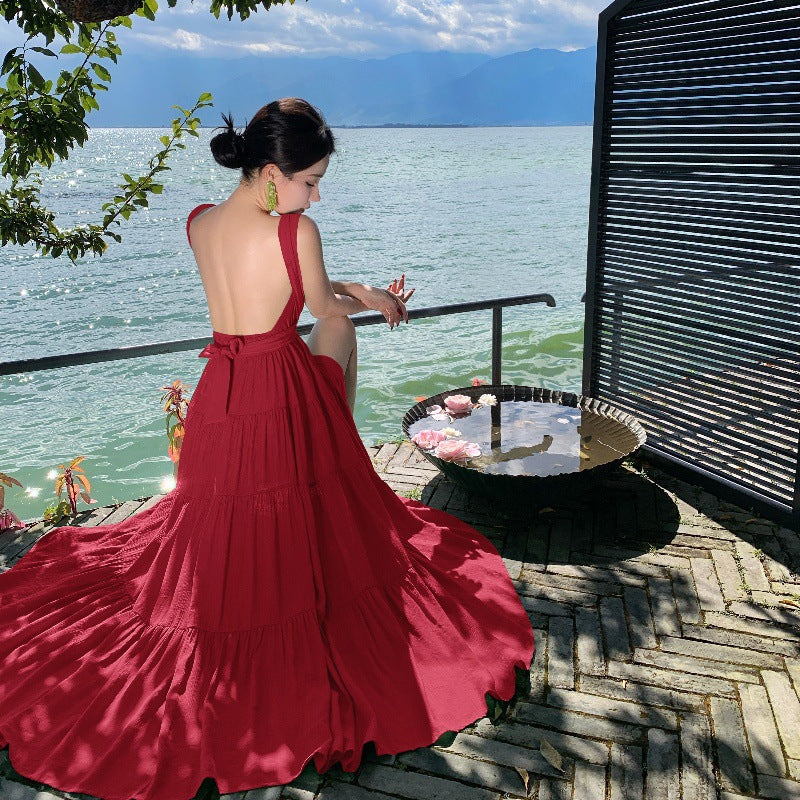 2025 pure desire sexy backless strap neck dress summer high temperament vacation green split long dress women