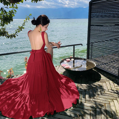 2025 pure desire sexy backless strap neck dress summer high temperament vacation green split long dress women