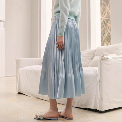 2025 pearlescent pleated skirt women's spring and summer elastic waist medium and long pleats