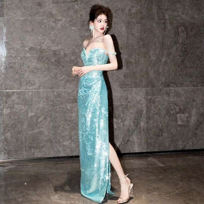 2025 One-word shoulder blue tube top evening dress 2025 style mermaid Ji sexy sequin fishtail dress women