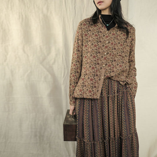 23 spring and summer retro old printed double-layer cotton shirt, medieval casual stand-up collar burr top S23001