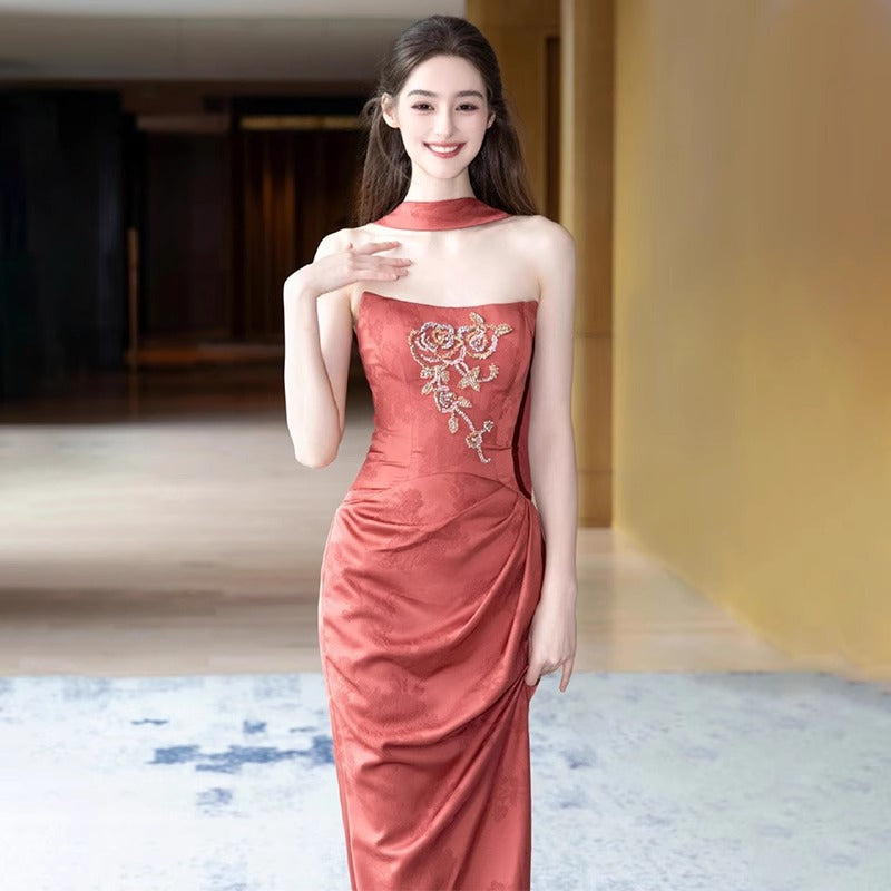2025 Morning robe women's new Chinese toasting clothes, bride engagement banquet, fishtail skirt, tube top  evening dress