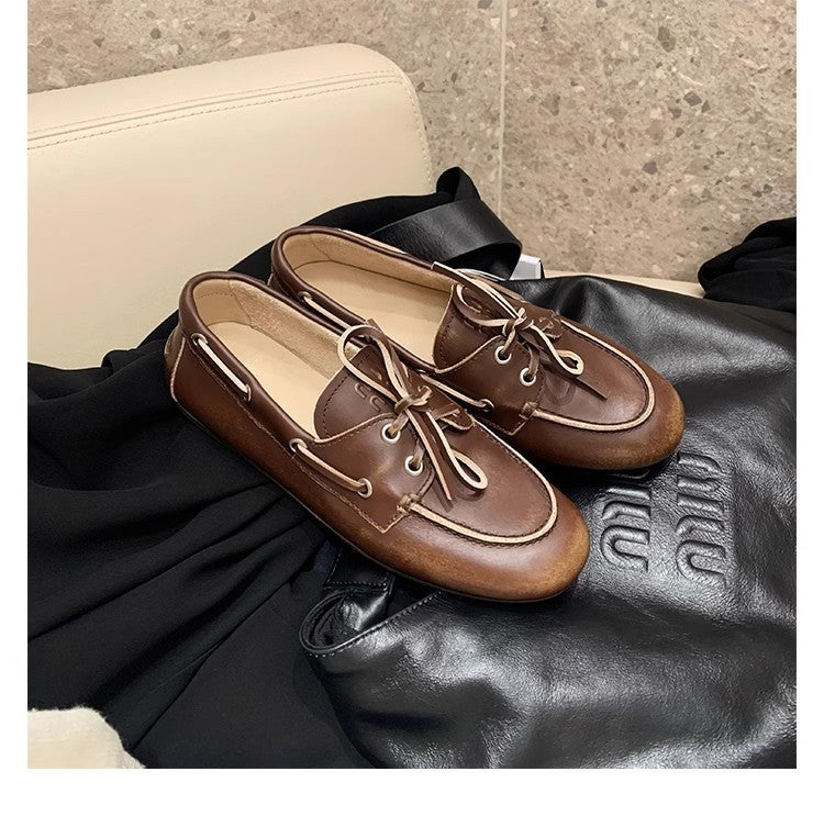 2025 Cowhide version~ Grape mother same shoes British style old dirty lace-up soft sole loafers retro small leather shoes women
