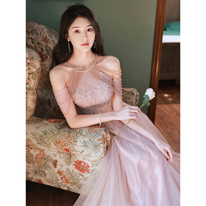 Pink tassel evening dress women's 2025 new spring host celebrity style light luxury toasting dress engagement dress dress