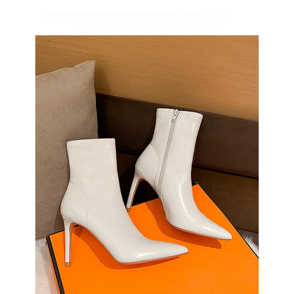 2025 Boots women's popular new winter high-heeled elastic thin boots beige thin-heeled short boots women