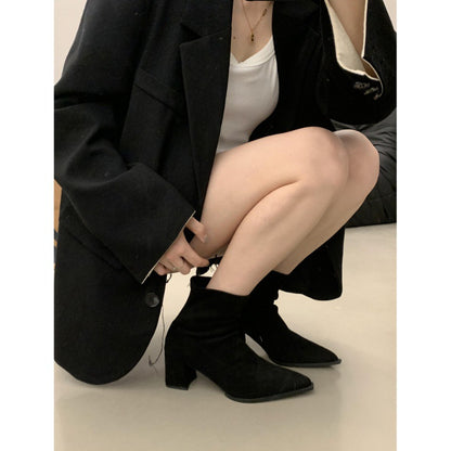 2025 temperament pointed suede thin boots Korean version versatile thick heel short boots women's boots commuter high heel fashion boots