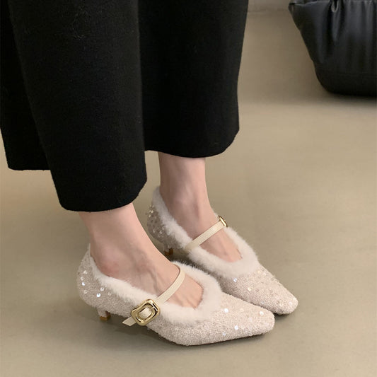2025 fairy stiletto high heels 2023 Korean version of gentle temperament fluffy shoes women wear women's Mary Jane shoes