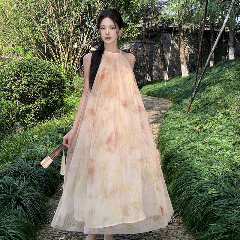 2025 New Chinese neck mesh dress women's summer loose pendulum printing seaside vacation suspender skirt beach dress