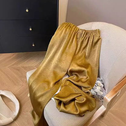 2025 New Chinese retro jacquard imitation acetic acid satin straight casual pants women's spring popular national style high waist drape wide leg pants