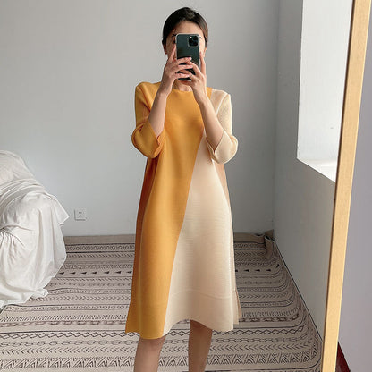 2025 women's clothing medium and long dress splicing temperament commuting loose contrasting color dress fat mm stomach A-word skirt Popular style