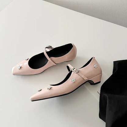 2025 Sheepskin version~  rhinestone flower one-word buckle light mouth thick heel single shoes women's gentle temperament square head Mary Jane shoes