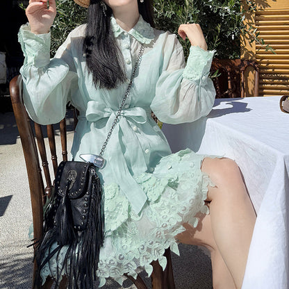 2025 spring new product, ramie embroidered dress, shirt skirt two-piece set