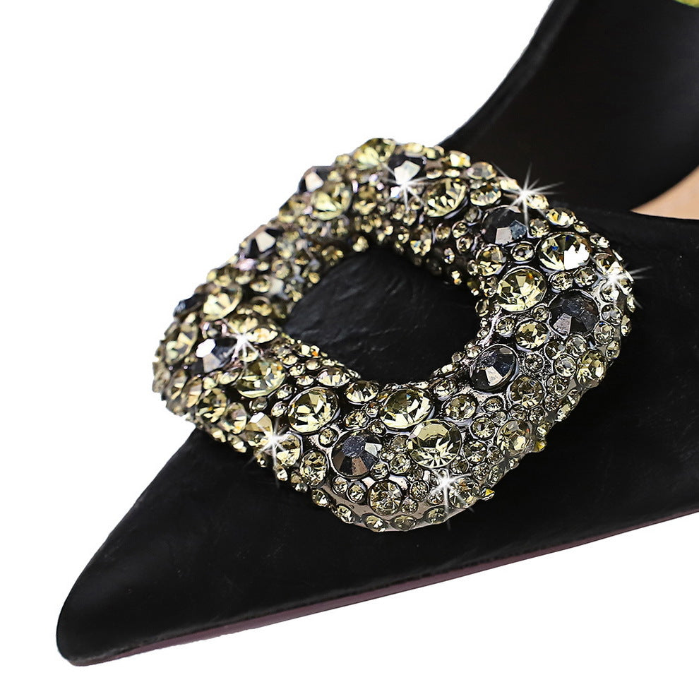 2025 7239-AK83  fashion banquet women's shoes thin heel high heel shallow mouth pointed rhinestone metal buckle single shoes women