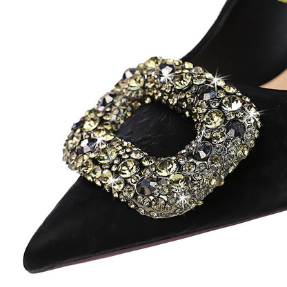 2025 7239-AK83  fashion banquet women's shoes thin heel high heel shallow mouth pointed rhinestone metal buckle single shoes women