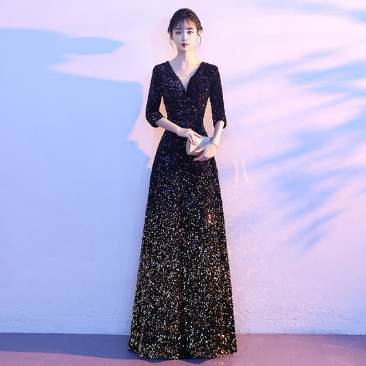 2025 Big choir costumes Women's long skirts Skinny singing conductor Host evening dress sequins Long performance costumes