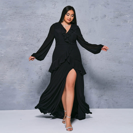 2025 Popular trade  fat mm large size women's clothing long V-neck banquet long sleeve sexy split evening dress dress