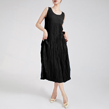 2025 Women's summer dress round neck sleeveless loose drape medium and long a-shaped skirt elegant dress skirt pleated skirt