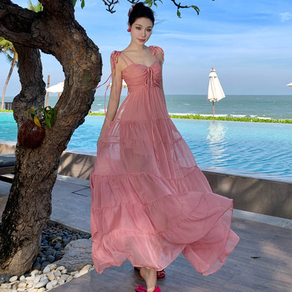 2025 Beautiful super fairy seaside vacation dress pink atmosphere tube top suspender beach swing dress niche fairy dress