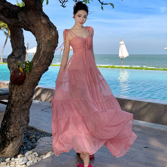 2025 Beautiful super fairy seaside vacation dress pink atmosphere tube top suspender beach swing dress niche fairy dress